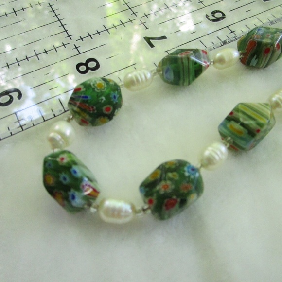 2 glass bead necklaces in green, 1 millefiori, 1 modern, wear or repurpose - Picture 6 of 10